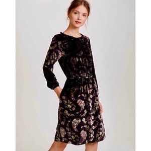 Rebecca Taylor Floral Velvet Cinched Dress Long Sleeve Cottagecore Womens 0